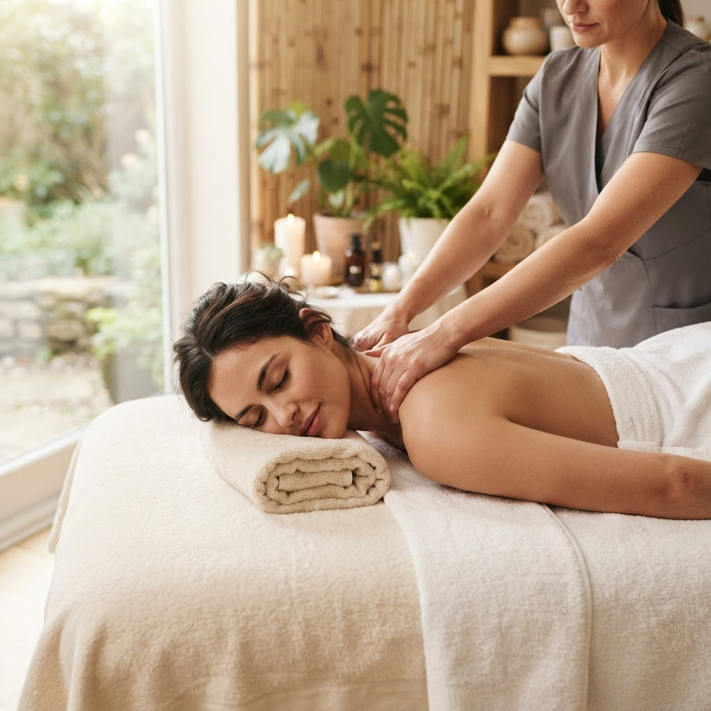 A woman relaxing while receiving a shoulder massage with a towel under her head